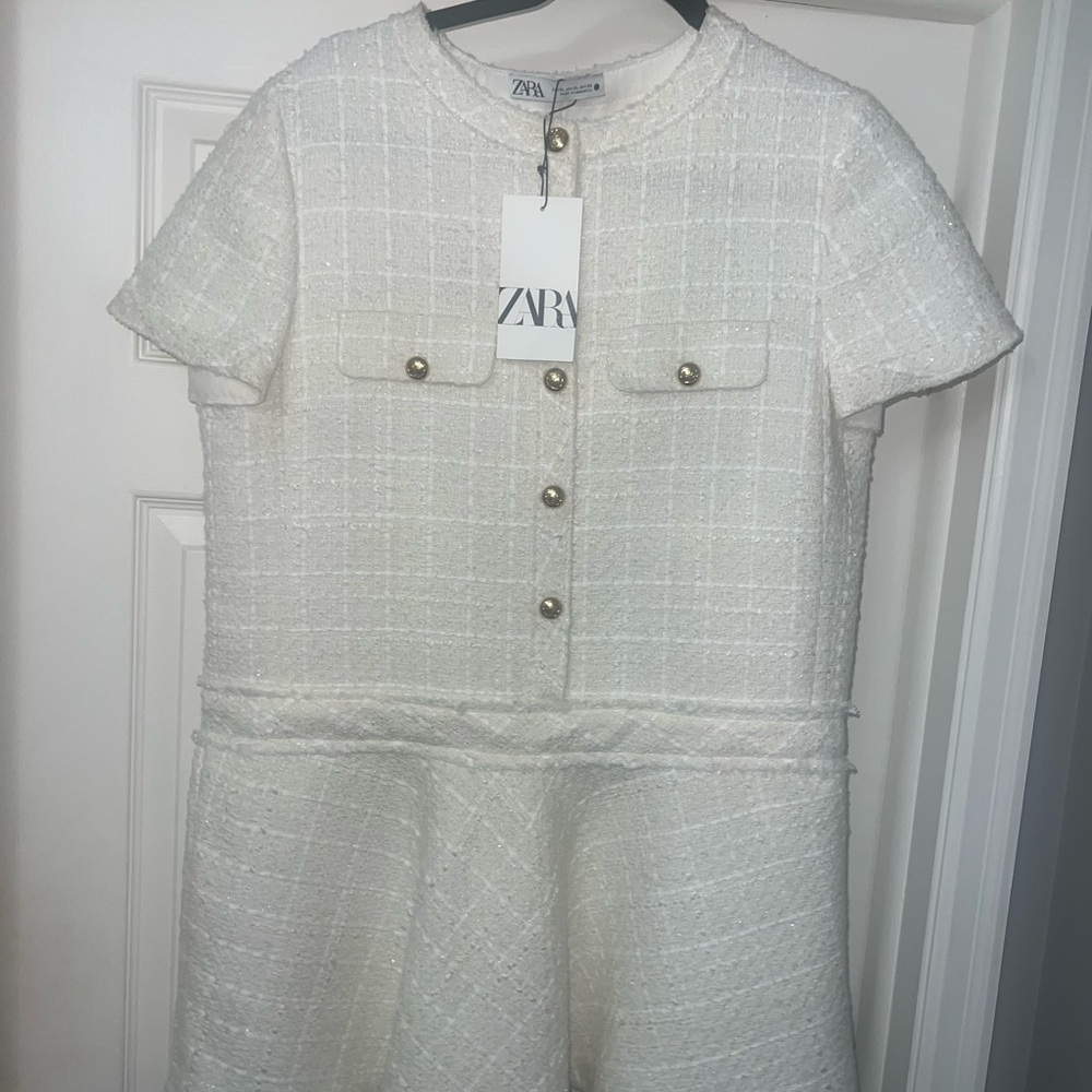 Zara White Tweed Short Sleeve Dress